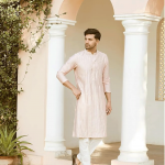 Men Full Sleeve Chanderi Silk Sequins Mandarin Collar Side Slit Kurta