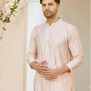 Men Full Sleeve Chanderi Silk Sequins Mandarin Collar Side Slit Kurta